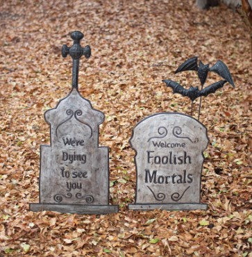 Hand-Hammered Painted Metal Tombstone Yard Stakes S/2