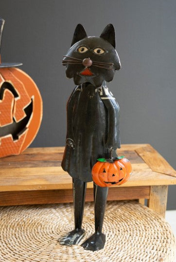 Recycled Iron Standing Black Halloween Cat Holding Pumpkin