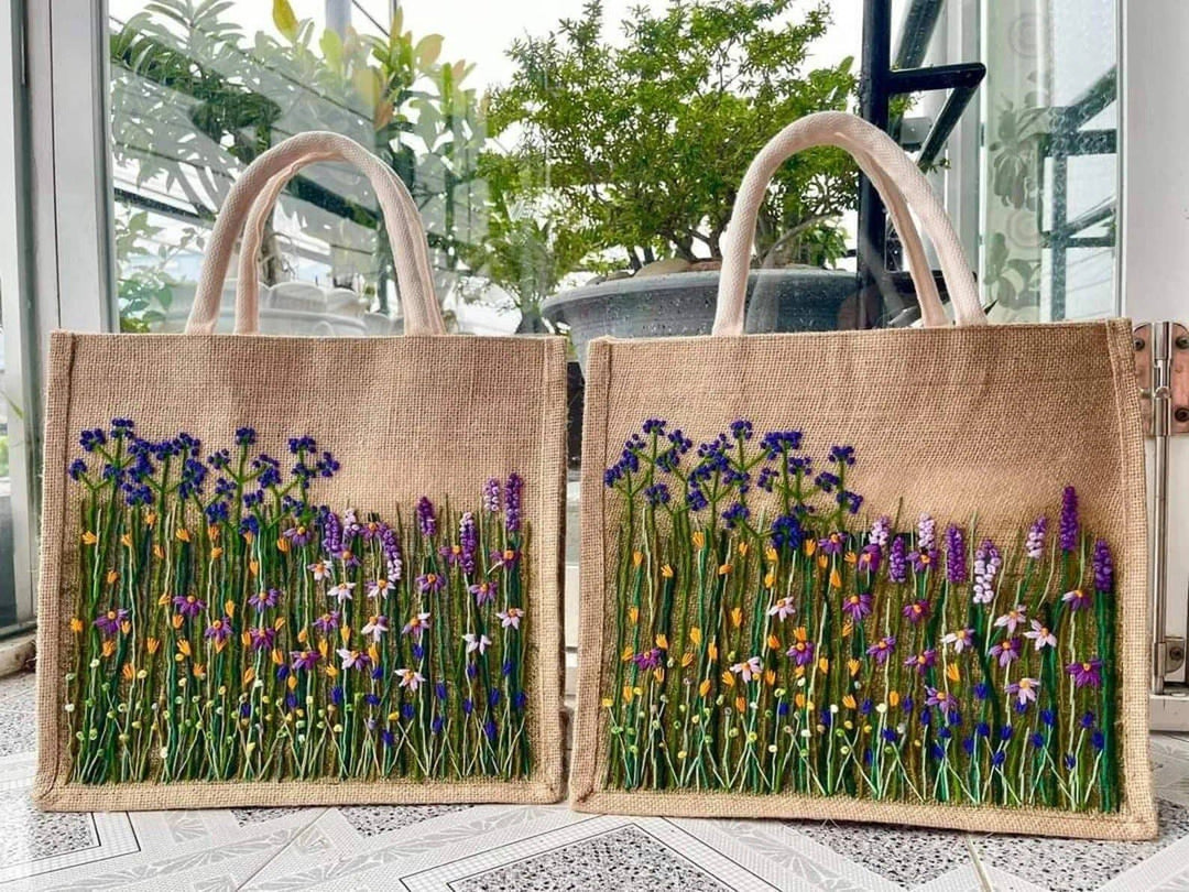 Floral Garden Embroidered Jute Bag✅