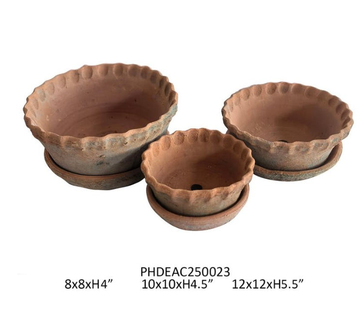 Short Pie Crust Antiqued Red Clay Pots