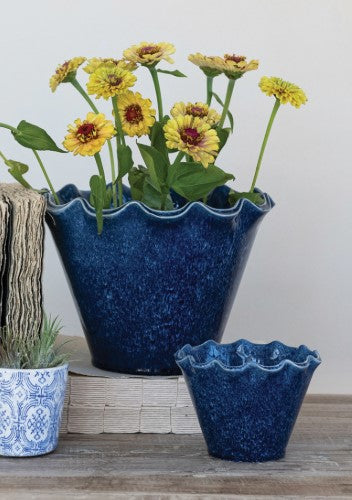 Blue Glaze Ruffled-Edge Stoneware Planter