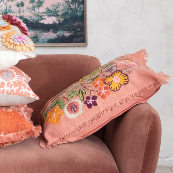Embroidered Cotton Lumbar Pillow