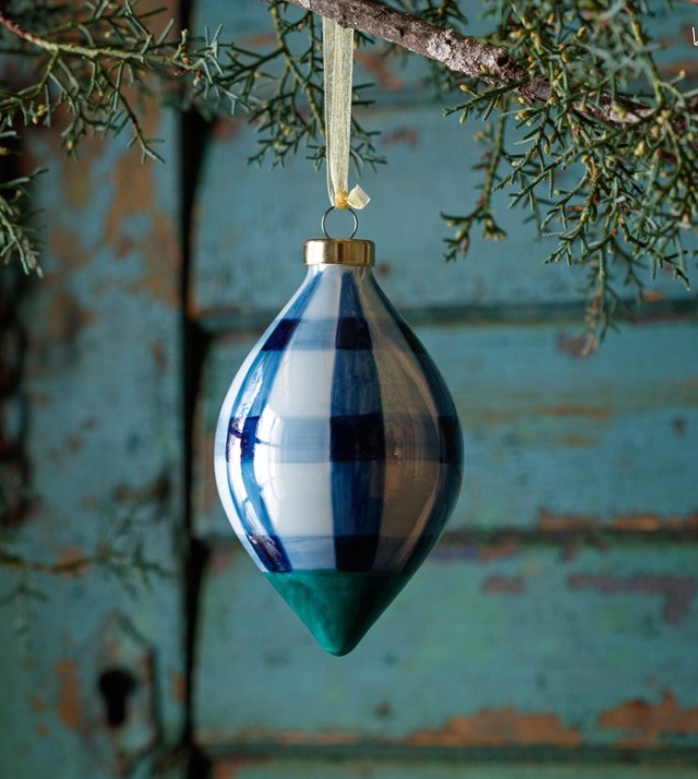 Blue Plaid Hand-Painted Glass Ornaments