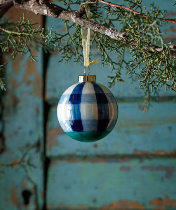 Blue Plaid Hand-Painted Glass Ornaments