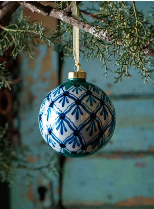 Blue Plaid Hand-Painted Glass Ornaments