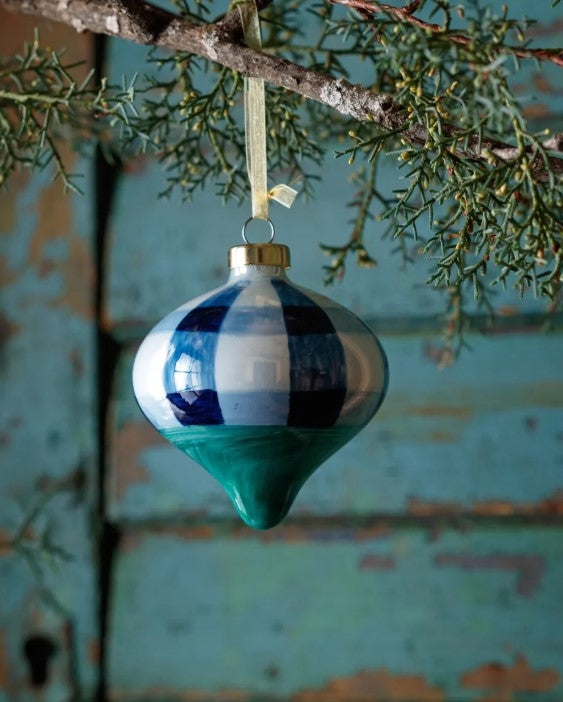 Blue Plaid Hand-Painted Glass Ornaments