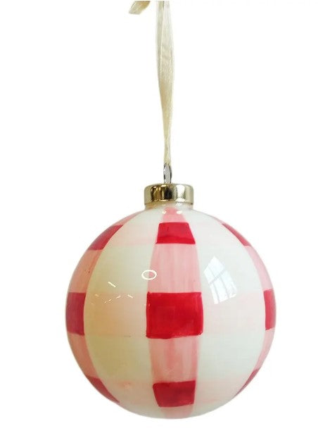 Pink-Red Plaid Hand-Painted Glass Ornament