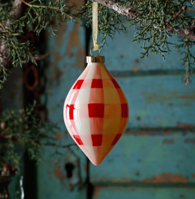 Pink-Red Plaid Hand-Painted Glass Ornament