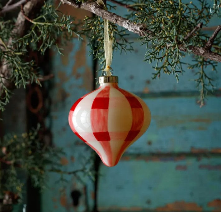 Pink-Red Plaid Hand-Painted Glass Ornament