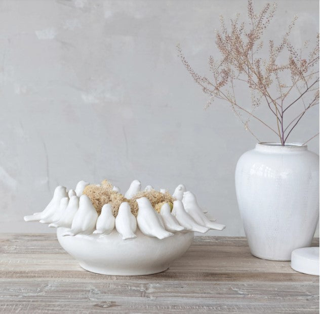 Stoneware Bowl/Planter with 3D Birds on Rim