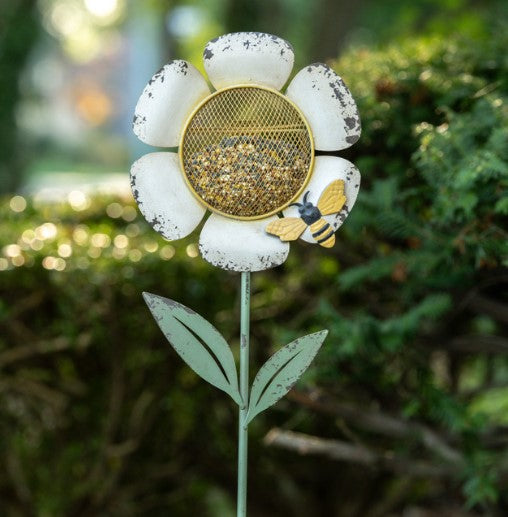 White Flower Bird Feeder Stake